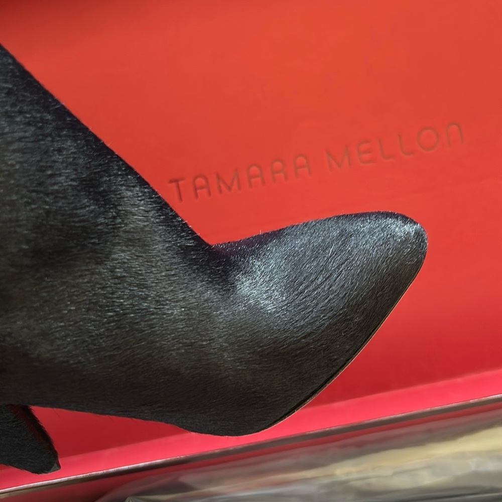 Tamara Mellon Sleek Kindred High HairCalf Navy Kitten Heeled Boots 5 (35) NIB - Picture 5 of 15